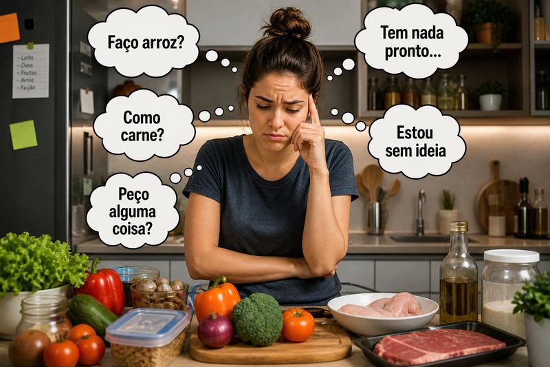 Pessoa na bancada sem saber o que comer